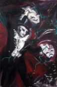 Margaret Murray 
Oil on board
"Illusions", study of a clown with two cloud masks, signed, 88cm x