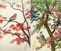 Pair of Chinese woodblock prints
Birds among the flowering branches and Autumn leaves, signed in