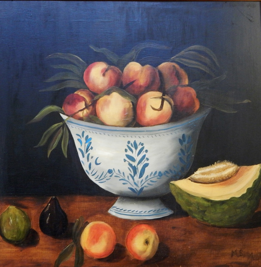 MS
Oil on board
Still life of pears, avocado and fig in a bowl, signed, 51cm x 51cm  Live Bidding:
