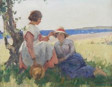 William Hanna Clarke (1882-1924)
Oil on canvas
Two girls seated on a mound with sea and beach in