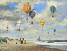 Rod Pearce (b.1942) 
Oil on canvas
"High Flyers", figures on beach with hot air balloons, signed,