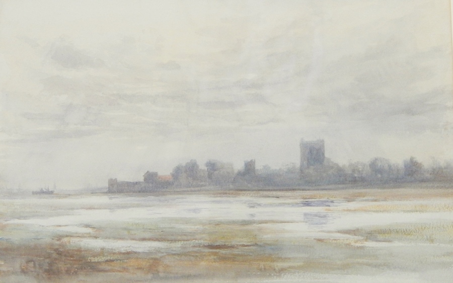 Francis E Nesbitt (1864-1934) 
Watercolour 
"Porchester Castle", estuary scene, 49.5cm x 33cm