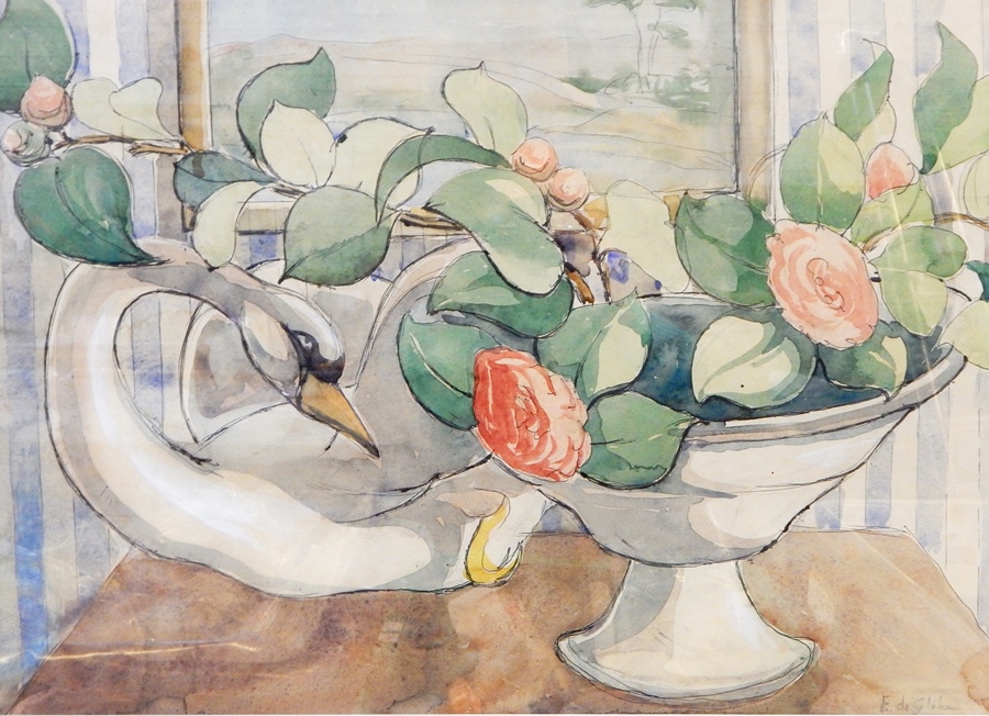 Evelyn de Glehn
Watercolour
Still life swan and bowl of roses, signed in pencil, 52cm x 38cm 

Her