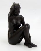 Tom Greenshields bronzed resin model of nude female, seated "Rosie Holding Hair", signed,