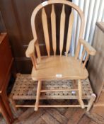 A modern beech child's rocking chair and a rush topped child's bench