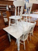A marble top table on block and turned supports and four chairs with turned and bulbous carved open