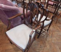 A pair of Hepplewhite style carver chairs with Prince of Wales pluming in the splats,