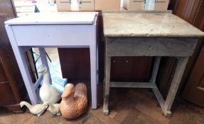 An old oak school desk with inkpot well,