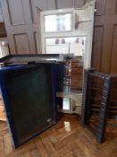 An old triple mirror plate overmantel mirror, a glazed top display case,