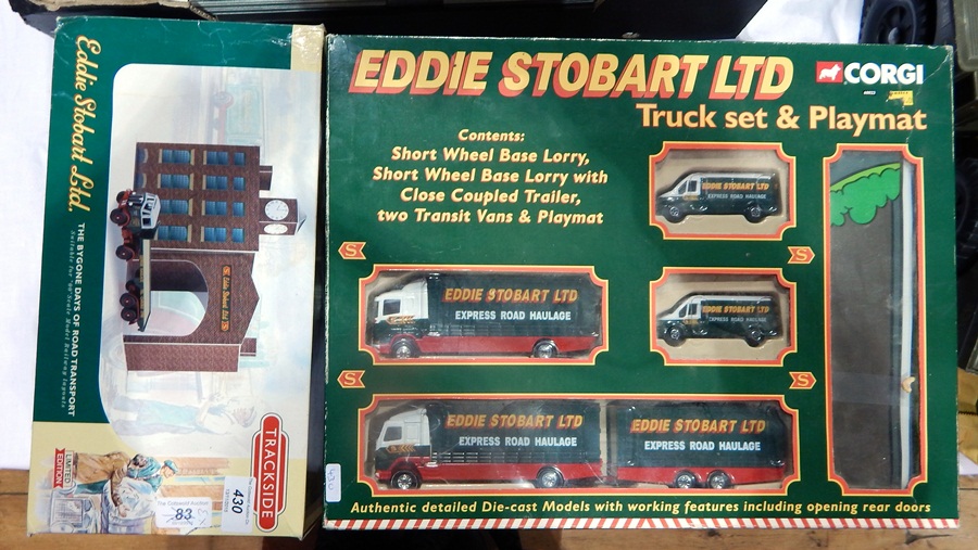 Two Corgi Eddie Stobart trucks and playmats (boxed) and a Bygone Days road transporter (boxed) (3)