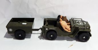 1960's/70's Action Man wearing army jacket, another similar male doll, Army jeep and trailer,