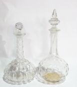 Two cut glass decanters (af) together with a cut glass Diamond Jubilee paperweight in original box