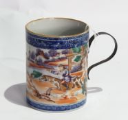 18th century Chinese porcelain mug decorated with huntsmen on horseback, in river landscape,