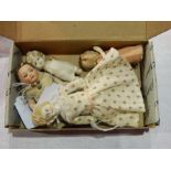 Three various dolls house dolls and two other small bisque dolls