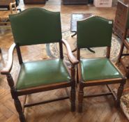 A set of six oak dining chairs with upholstered brass studded backs, cushion seats,