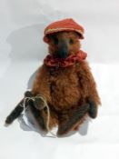 Modern collector's bear, plush body, brown mohair, aged pointy snout and legs,