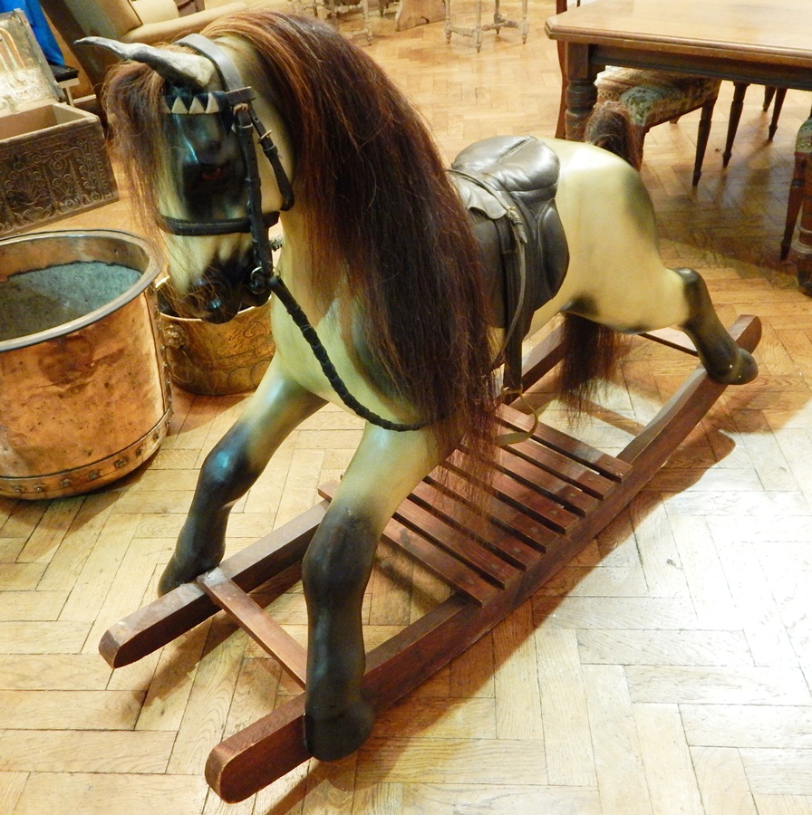 Late 20th century painted wood rocking horse in dapple grey, on wood rockers,