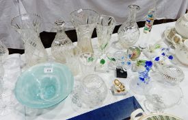 An Art glass bowl, two cut glass decanters with out-stoppers, various cut and moulded glass vases,