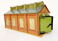 A Hornby 'O' gauge E2E engine shed with double track with printed green double doors