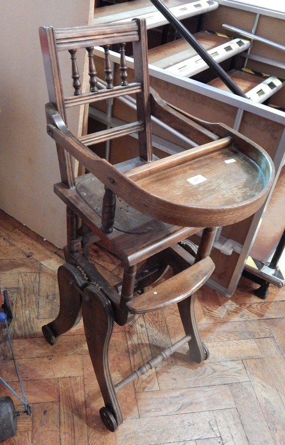 A Victorian stained wood converting adjustable high chair and a doll's high chair