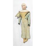 Bisque shoulder head fashion doll (possibly French), marked "E/F I B", having blue fixed eyes,