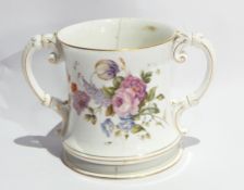 Royal Worcester porcelain two-handled loving mug, cylindrical and waisted, painted naturalistic