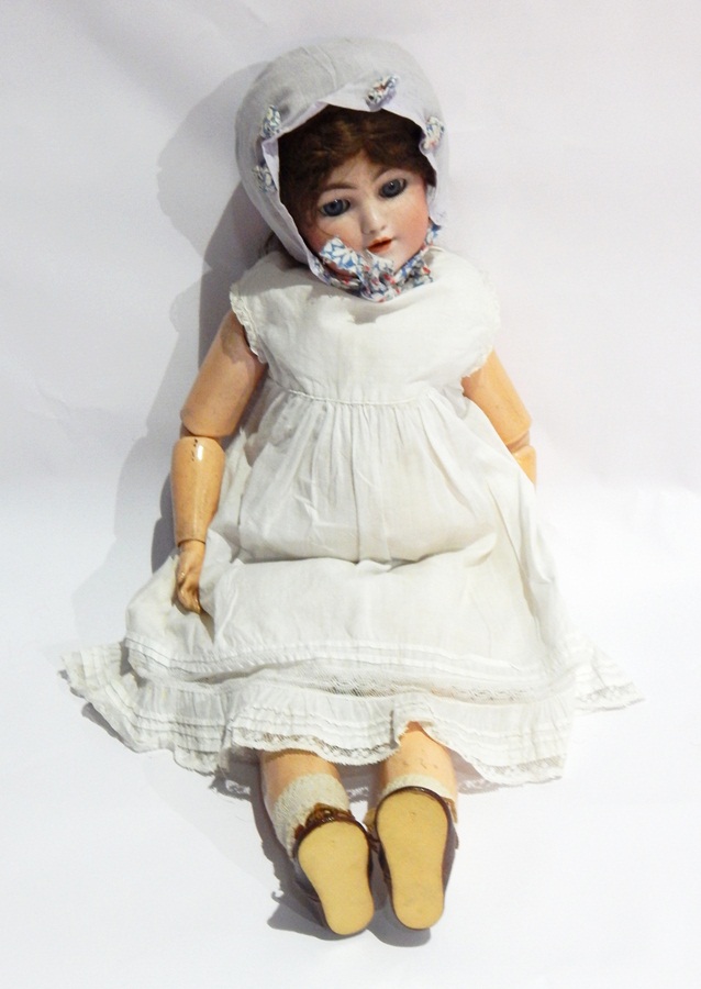 Armand Marseille bisque headed doll with blue sleeping eyes, open mouth, moulded teeth,