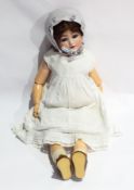 Armand Marseille bisque headed doll with blue sleeping eyes, open mouth, moulded teeth,