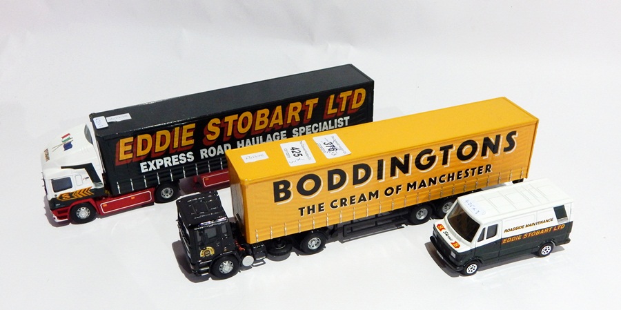Corgi ERF Eddie Stobart lorry and Boddingtons lorry together with an Eddie Stobart roadside