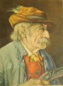 A framed print of a Bavarian style elderly gentleman with gun,