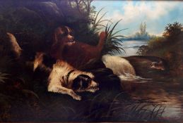 W G Becker 
Oil on canvas 
Two dogs beside stream with otter, signed,