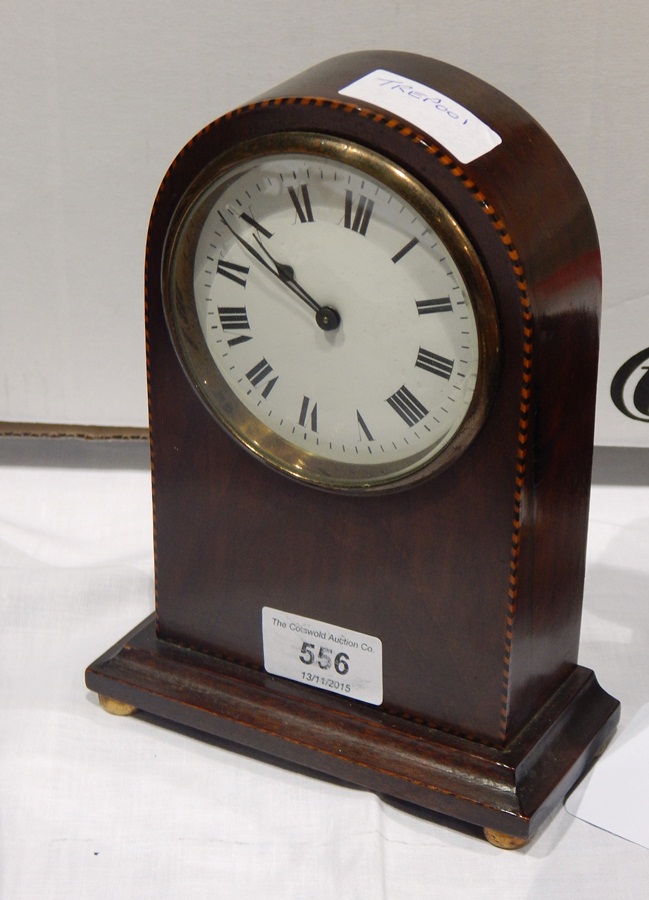 Early 20th century inlaid mantel clock with satinwood stringing