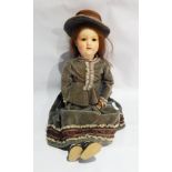 German sprayed bisque headed doll marked "HW Germany 6 1/2" with brown sleeping eyes, open mouth,