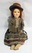 German sprayed bisque headed doll marked "HW Germany 6 1/2" with brown sleeping eyes, open mouth,