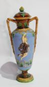 Late 19th century majolica two-handled vase and cover, shouldered and tapering,