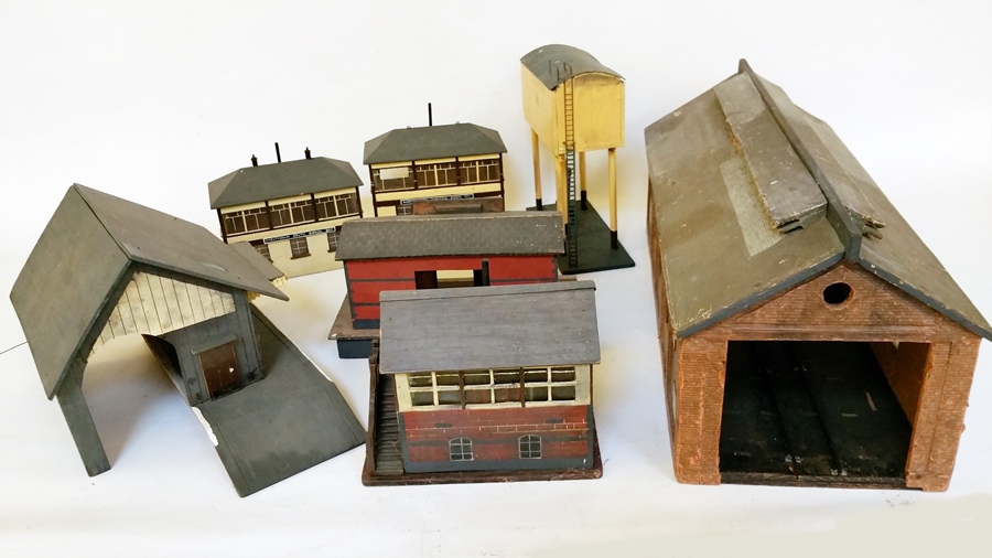 A collection of scratch-built wood railway buildings to comprise an engine shed, a goods depot,
