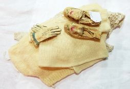 Pair Victorian/Edwardian embroidered silk and leather childs/dolls shoes,