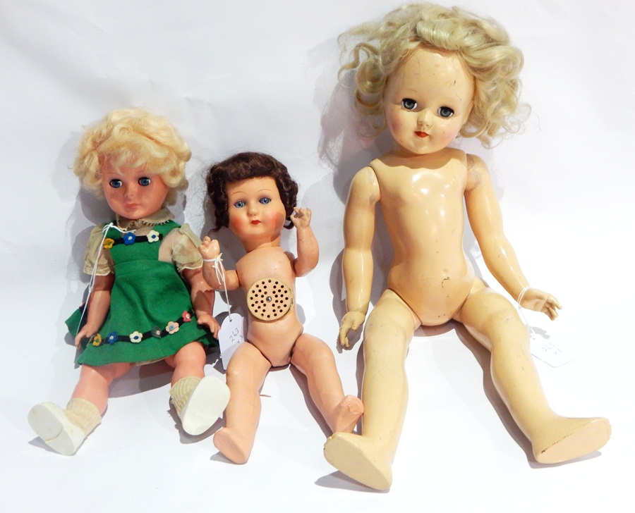 Italian plastic doll in Alpine-style dress and two other plastic dolls