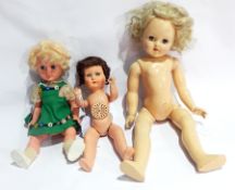 Italian plastic doll in Alpine-style dress and two other plastic dolls