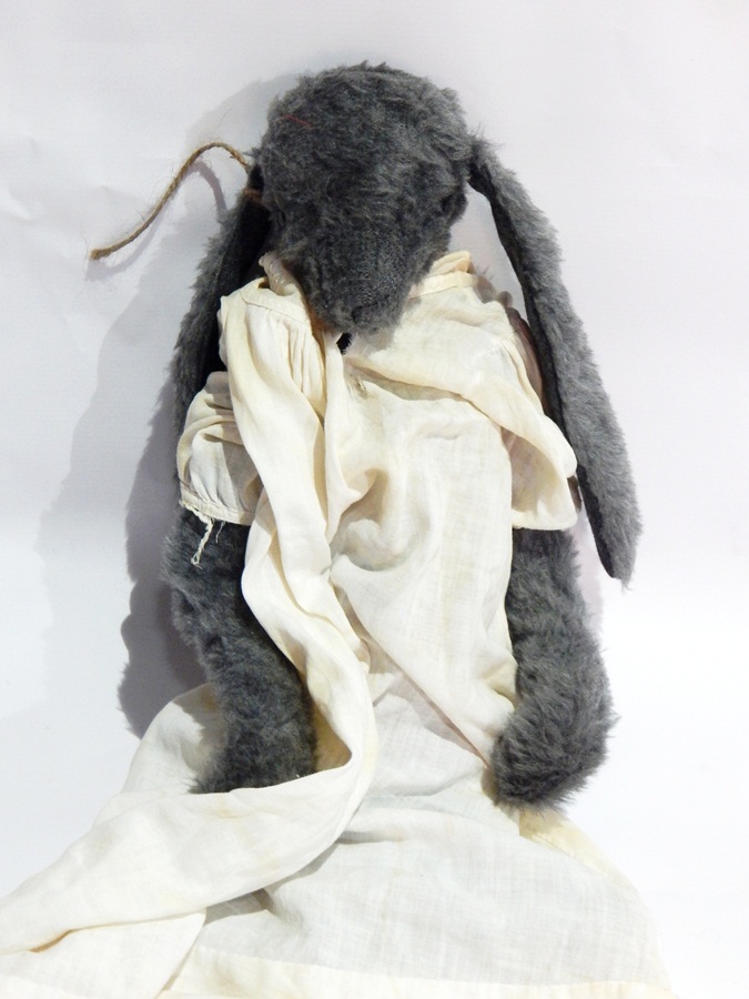 Soft bodied rabbit "Loppy Annie" by Jamie Taylor, grey plush jointed,