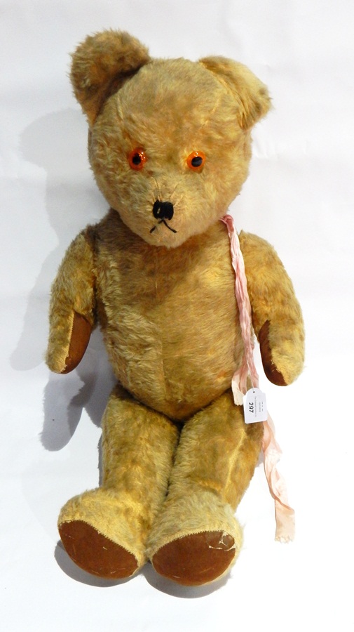 1920's large teddy bear, golden plush body, jointed, brown suede-effect fabric pads,