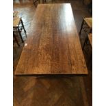 17th century style oak refectory table, on twin cup and cover pedestal supports,