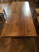 17th century style oak refectory table, on twin cup and cover pedestal supports,