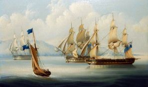 Unattributed 
18th century oil on panel
Seascape, Royal Navy galleons off mountainous coast,