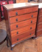 Modern mahogany chest of five long drawers, moulded edge top, raised on short cabriole legs,