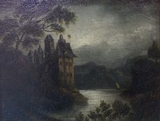 Continental school
Oil on board
Moonlit lake scene with sailing boat and hillside castle,