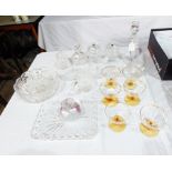 A quantity of glass to include a set of six amber and clear glass champagne saucers,