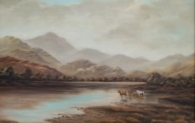 Brian Elson, 20th century school
Oil on canvas
Highland cows at edge of river in Scottish Highlands,