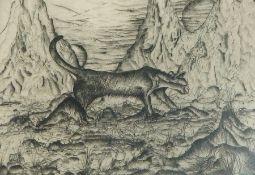 After David Pelley 
Etching 
"Moon Stalker", cat prowling, signed and dated 1991,