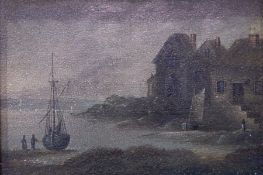 Continental school
Oil on board 
Dutch style fishing boats ashore, with buildings in the background,